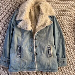Free People Light Blue Denim Jacket with Cream Faux Fur